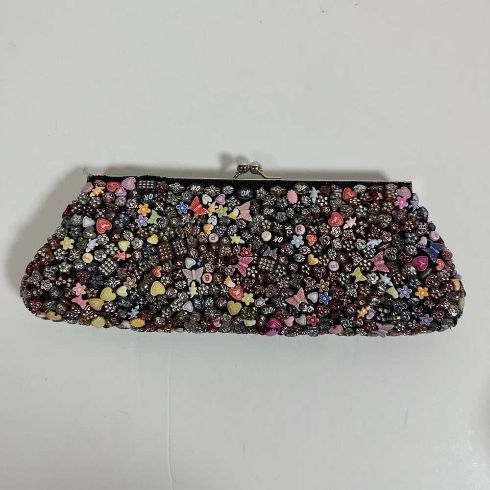 Beaded Evening‎ Clutch Colorful Kiss Lock Chain Strap Maximalist Whimsical